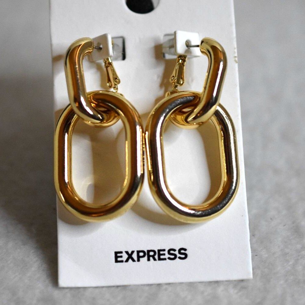 NWT Express Gold Tone Linked Oval Drop Dangle Post Back Closure Earrings